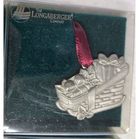 Longaberger Pewter Basket Ornament Set Of 4 With Red Ribbon In Original Box - Picture 6 of 16